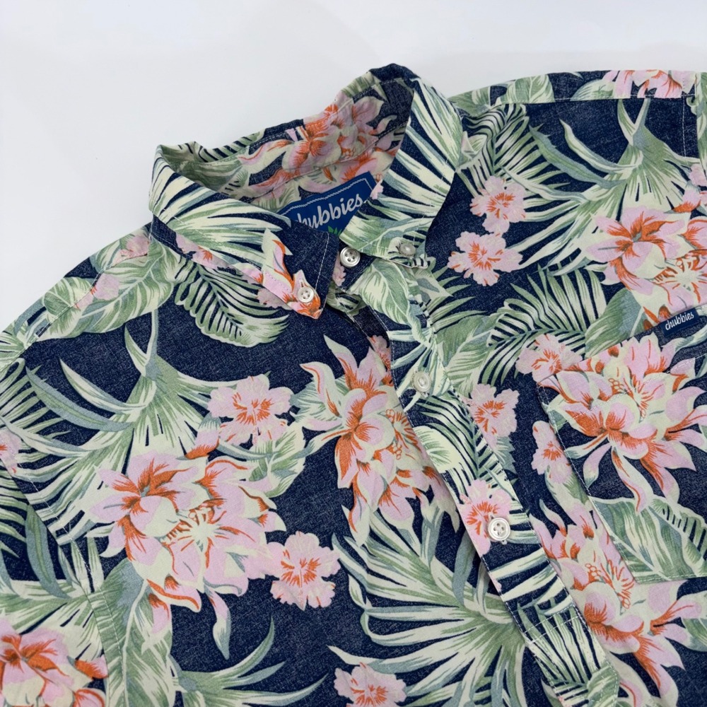 Chubbies Mens Large Navy Blue Tropical Floral Short Sleeve Popover Shirt